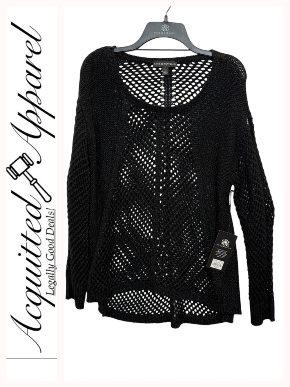Rock & Republic Black Open-Weave Metal Silver Chain link Ytim Scoop Neck Sweater